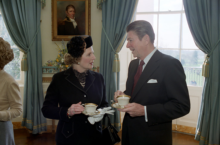 2/26/1981 President Reagan with Prime Minister Thatcher of the United Kingdom in the Blue Room during her state visit