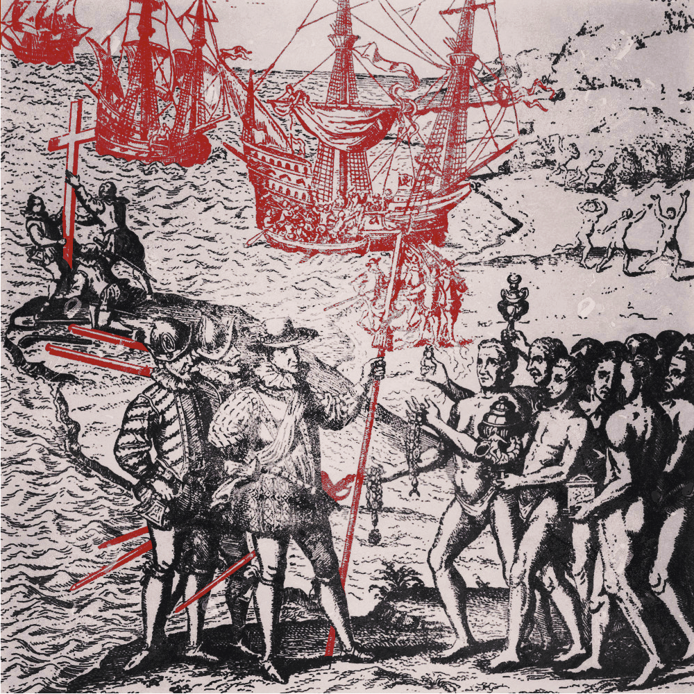 Christopher Columbus landing at Hispaniola in 1492. Engraving from Herrera, 'Historia General De Los Hechos De Los Castellanos,' 1601. Edited photo highlights the ships, weapons, seamen, and the Christian cross in bright red.