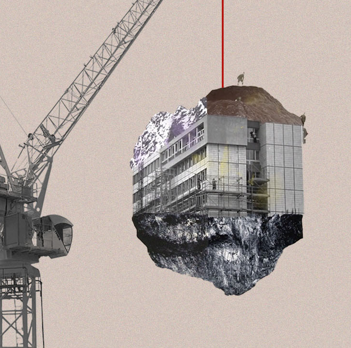 Season 7 Episode 1 graphic. photo collage of modern office building being excavated from mine by crane