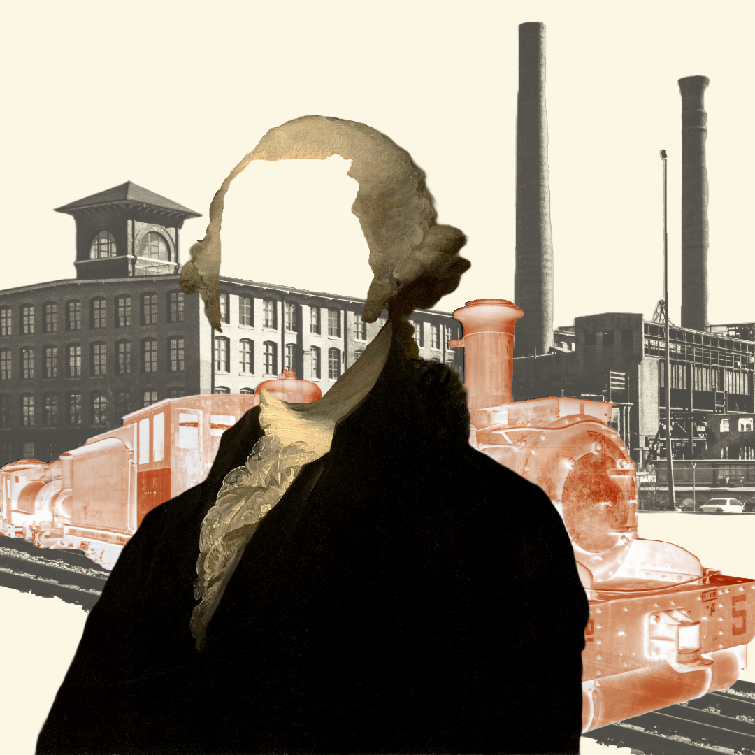 Silhouette of man with no face, train and factory in the background