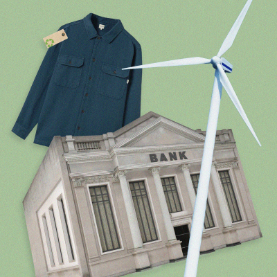 Collage of long-sleeve button-up, bank, and wind turbine