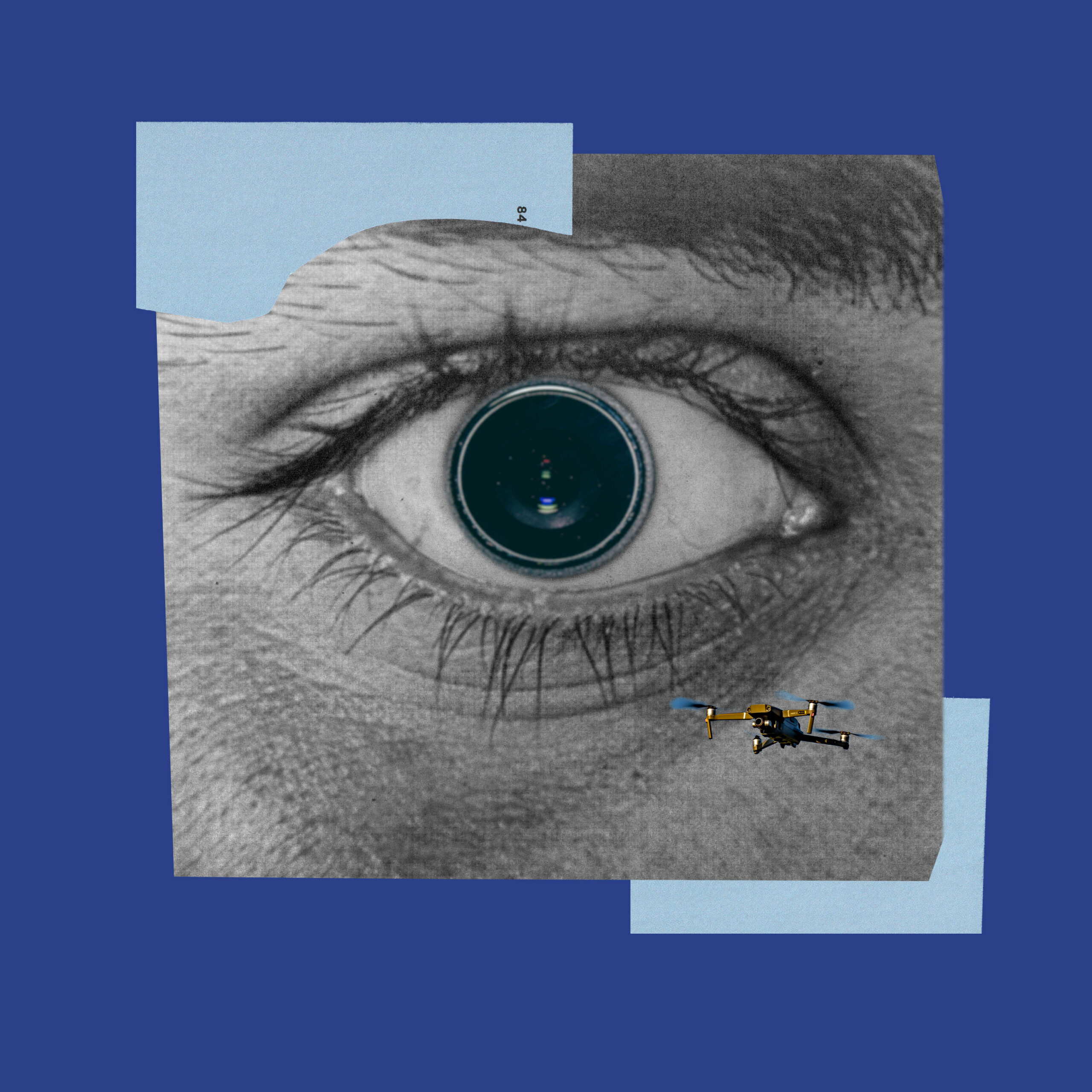 Image of an eye with a camera lens and a small drone circling