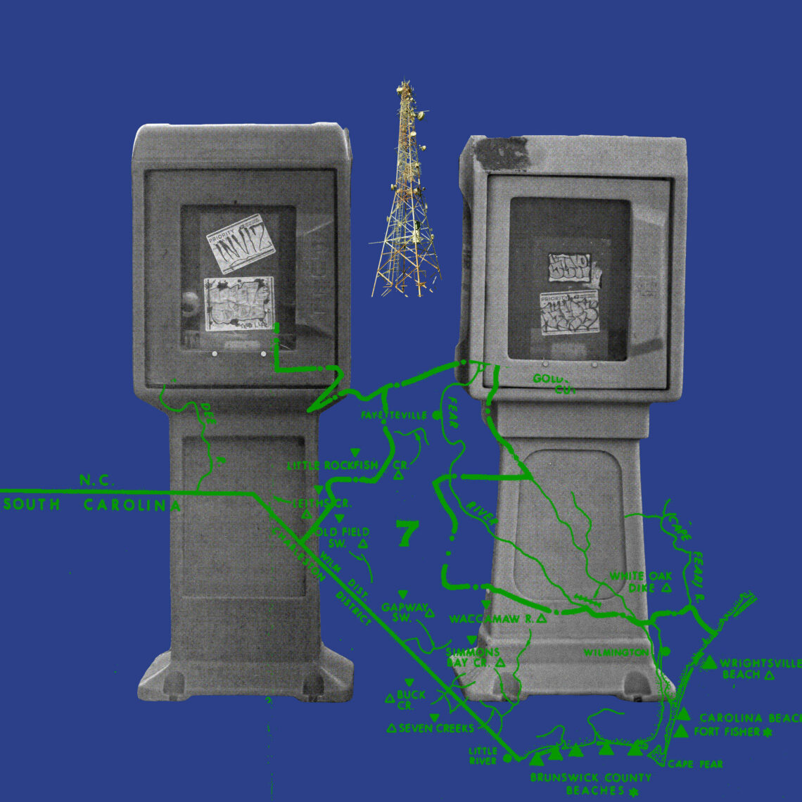 Image of two news stands with a map of the NC Border Belt superimposed