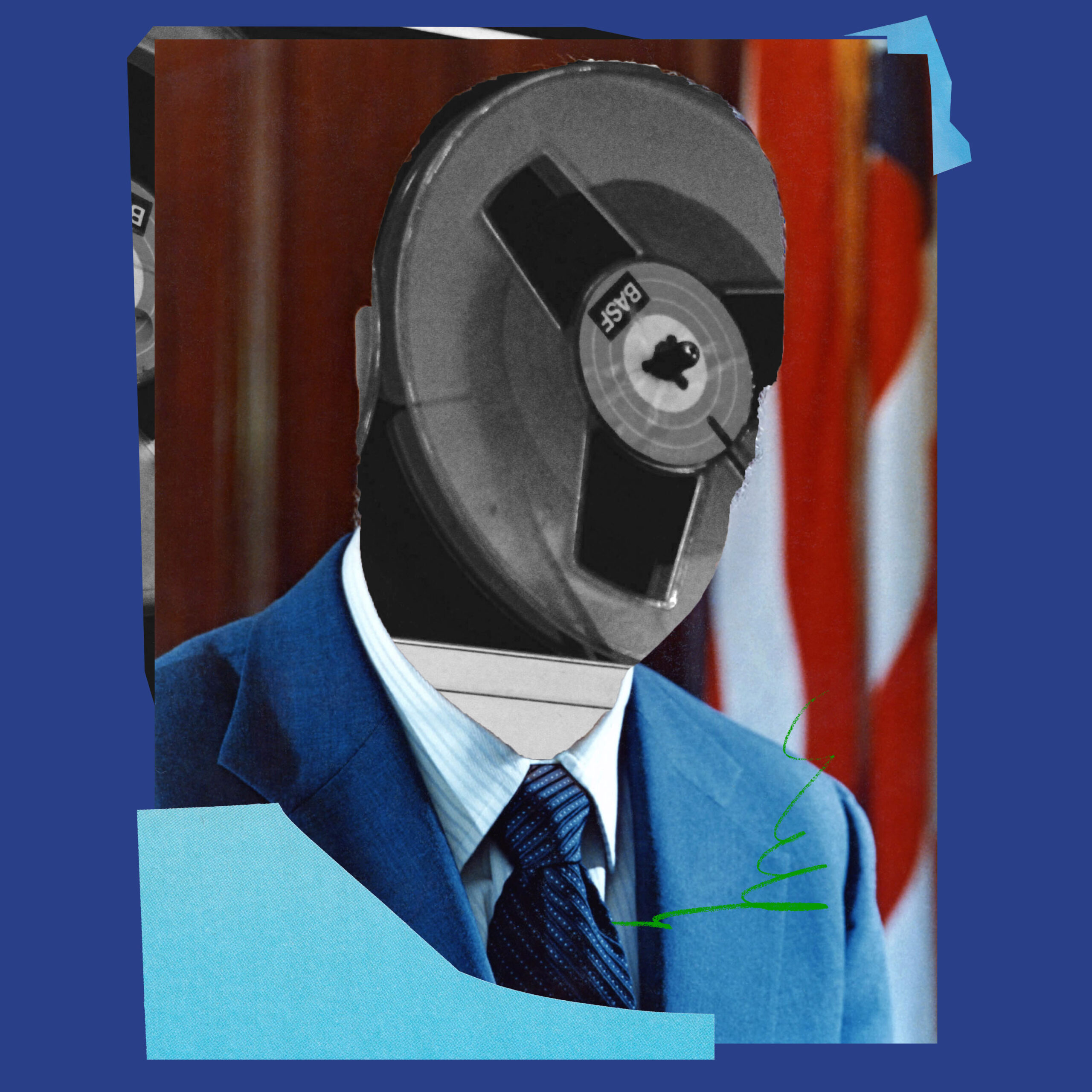 Collage of a man in a suit with a tape reel for a head
